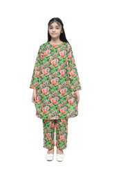 Plum Fine Lawn Bright Green Colour Printed Lavender Peach Blue Flowers On 2 pc suit For Girls.